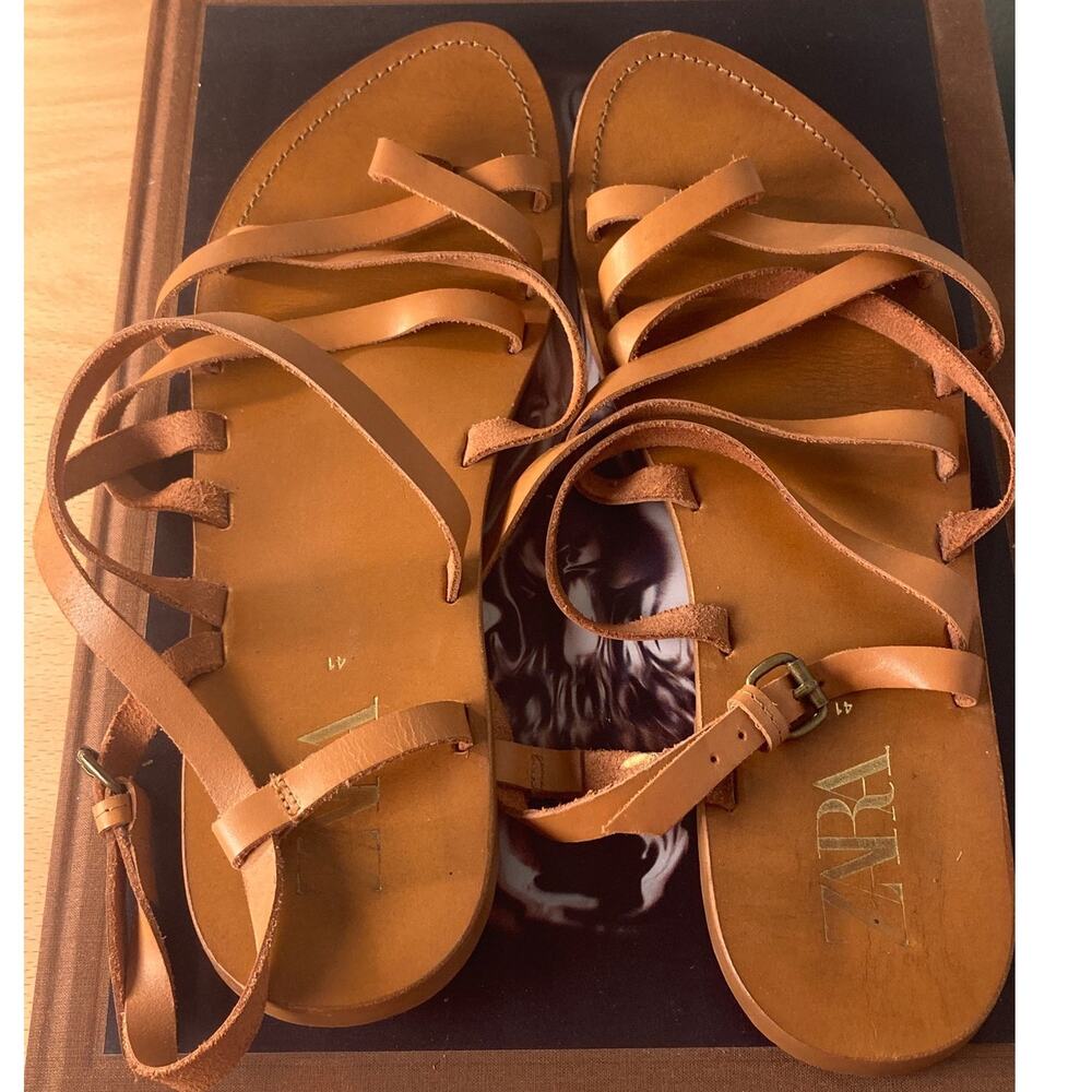 Zara Leather Gladiator Strappy Flat Sandals Summer Fun Sz 41 10